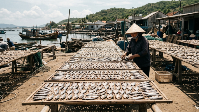 Peixes salgados dispostos em esteiras de bambu secando ao sol em um ambiente tradicional de processamento artesanal na Tailândia.