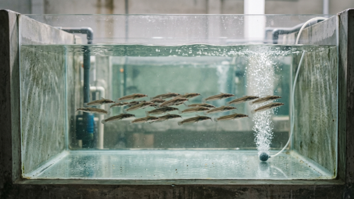 Alevinos de bagre-africano (Clarias gariepinus) nadando em tanque limpo de aquicultura, centralizados horizontalmente na imagem.