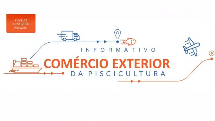 Cena ilustrativa de logística portuária ou infraestrutura de cultivo comercial de peixes, representando o fluxo de vendas externas do setor.