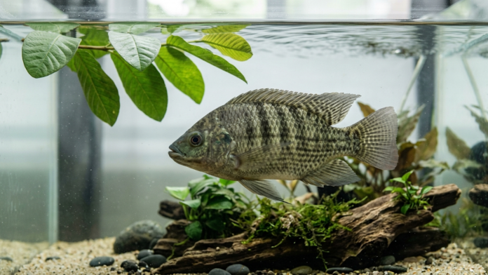 Alevino de tilápia-do-nilo (Oreochromis niloticus) nadando em água transparente ao lado de folhas frescas de goiabeira (Psidium guajava).