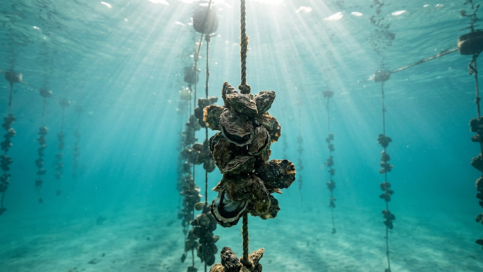 Sistema de aquicultura subaquática com linhas de longline repletas de ostras-de-rocha-dos-trópicos na costa de Queensland, Austrália.