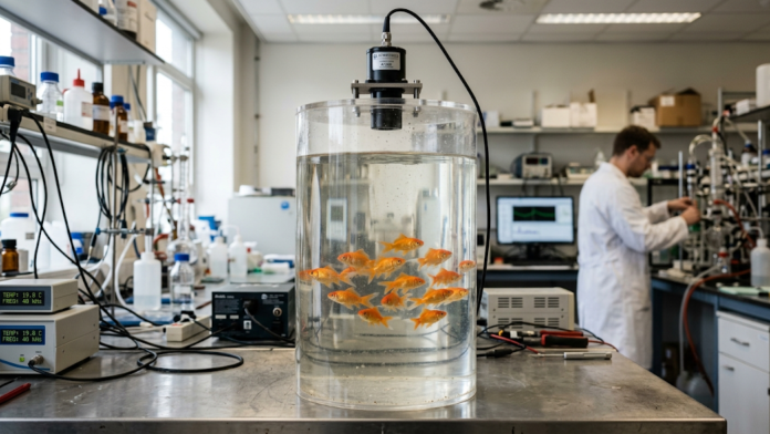 Tanque cilíndrico transparente em laboratório com peixes-dourados e um transdutor ultrassônico montado no topo para medição acústica de tamanho.