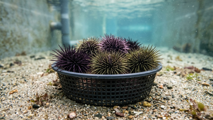 Ouriços-do-mar roxos e verdes cultivados dentro de uma cesta de malha submersa em um tanque de aquicultura multitrófica integrada com água limpa.