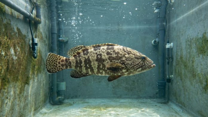 Garoupa híbrida (Epinephelus fuscoguttatus × Epinephelus lanceolatus) nadando em tanque de pesquisa em aquicultura.