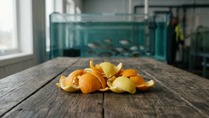 Coprodutos de frutas cítricas dispostos em primeiro plano com um tanque de aquicultura ao fundo.
