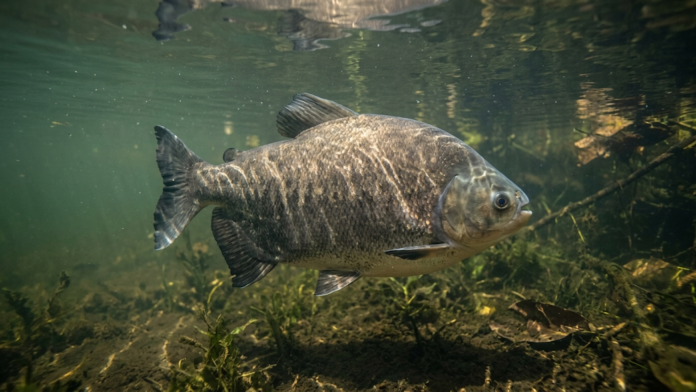 Um peixe tambaqui (Colossoma macropomum) adulto de formato discoide nadando centralizado sob a água clara de um viveiro escavado tropical com reflexos de luz solar.