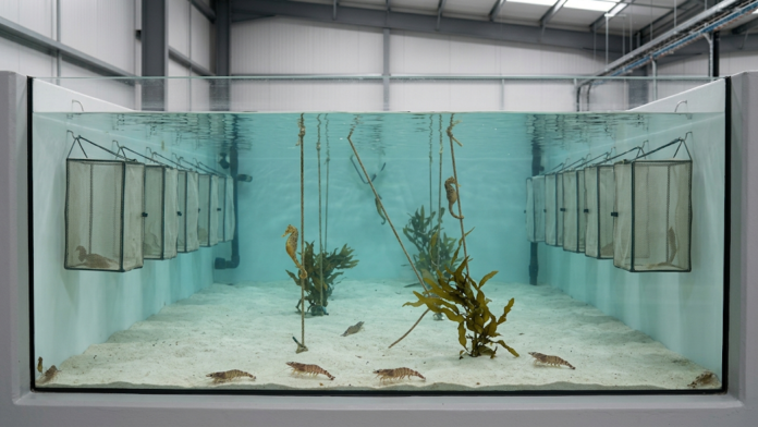 Fotografia em plano aberto de um tanque de aquicultura comercial com sistema de recirculação, mostrando gaiolas de cultivo de cavalo-marinho suspensas nas paredes internas e água límpida.