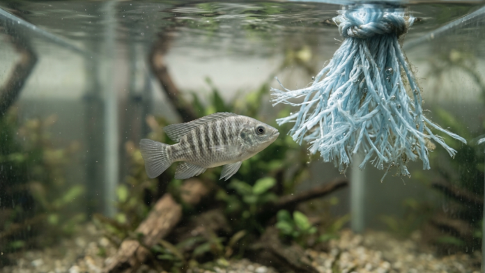 Juvenil de tilápia-do-Nilo nadando próximo a uma estrutura flutuante de náilon azul que simula raízes de aguapé em um tanque experimental.