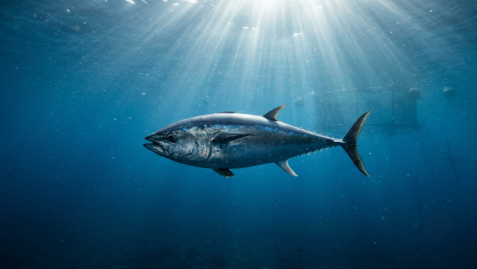 Atum-azul (Thunnus thynnus) nadando em águas profundas do Mar Adriático próximo a tanques-rede de aquicultura.