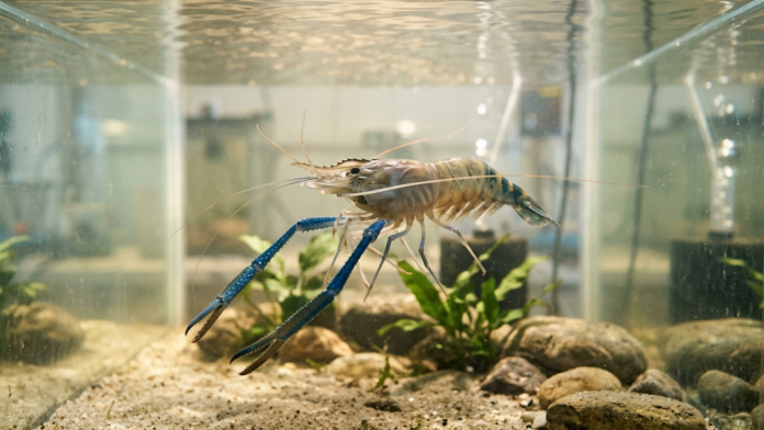 Camarão-gigante-de-água-doce (Macrobrachium rosenbergii) em tanque de cultivo para pesquisa de melhoramento genético e resiliência climática.