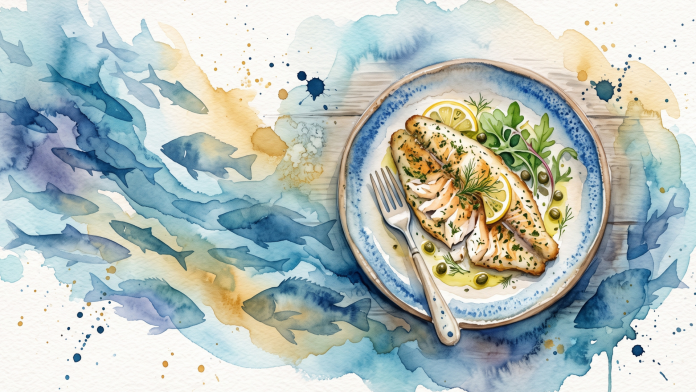Ilustração em aquarela de um filé de peixe no prato cercado por pinceladas azuis e silhuetas sutilmente desenhadas de peixes.
