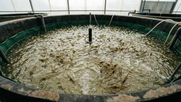 Camarões-cinza (Penaeus vannamei) nadando em tanque de cultivo intensivo com sistema de bioflocos e aeração.