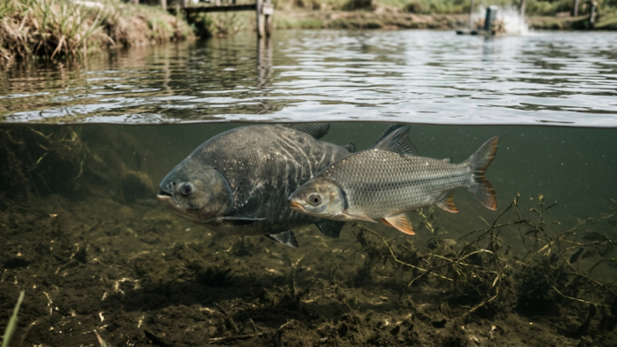 Fotografia subaquática natural de um tambaqui e um curimba nadando juntos no centro de um viveiro de aquicultura com água limpa.