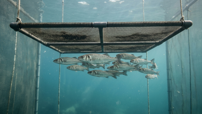 Grupo de juvenis de robalo-europeu (Dicentrarchus labrax) nadando sob uma estrutura tipo teto em tanque de aquicultura.