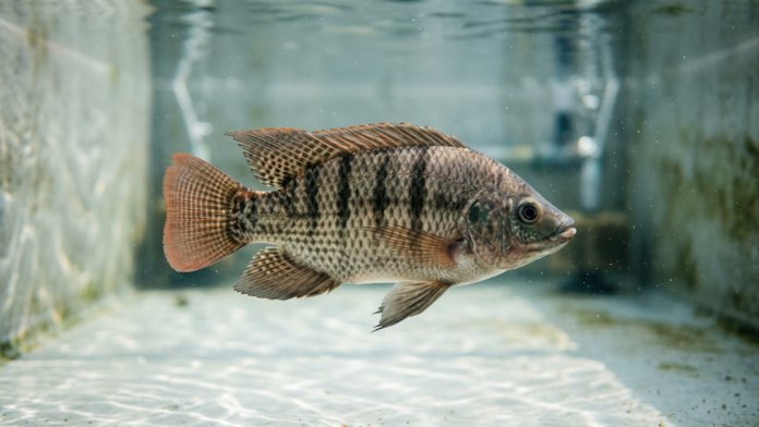 Macho de tilápia-do-Nilo (Oreochromis niloticus) nadando em tanque de pesquisa, representando a alocação bioenergética conforme a hierarquia social.