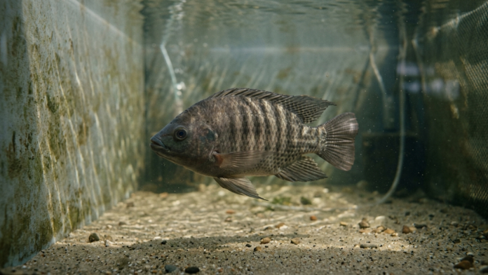 Tilápia-do-Nilo (Oreochromis niloticus) nadando em um tanque de cultivo com água salobra.