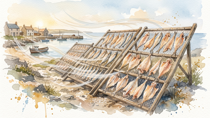 Aquarela mostrando filés de peixe dispostos em jiraus de madeira para secagem sob a luz do sol.
