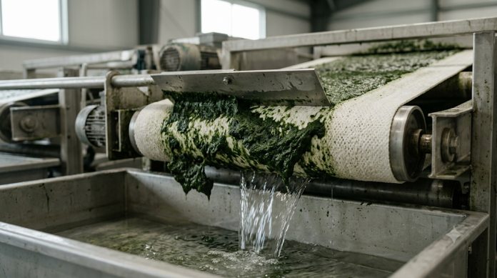 Sistema de biofilme algal rotativo com correia coberta por microalgas verdes tratando efluente de aquicultura em laboratório.