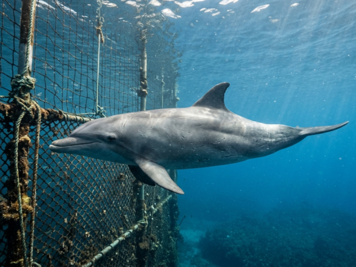 Golfinho (Tursiops truncatus) nadando em águas claras próximo às redes submersas de um tanque-rede de aquicultura em Malta.