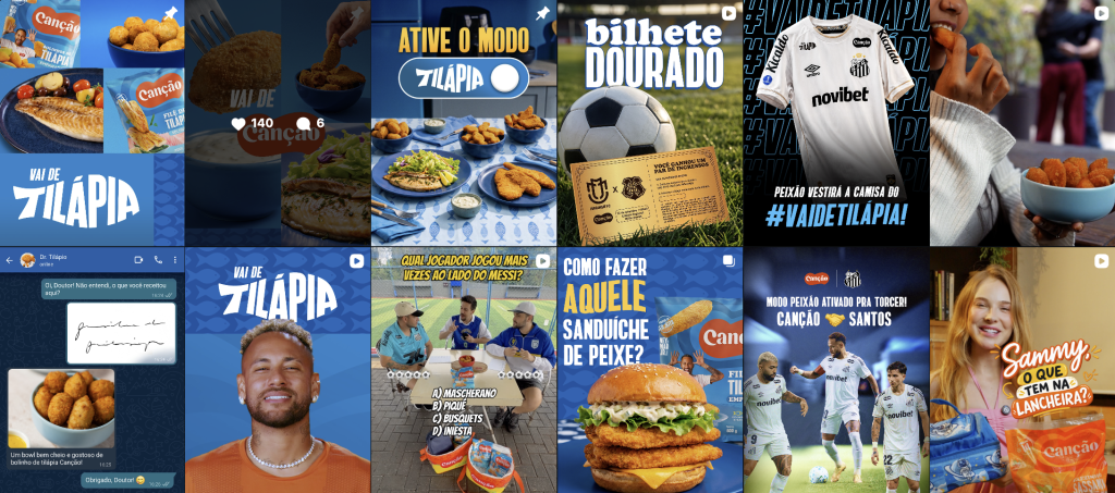 Print screen mostrando o feed do Instagram da marca Canção Alimentos com várias postagens sobre tilápia e futebol.