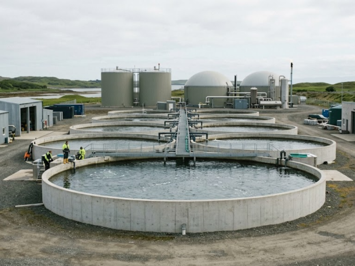 Reator de digestão anaeróbia e tanques de aquicultura marinha para conversão de lodo de salmão em biogás.