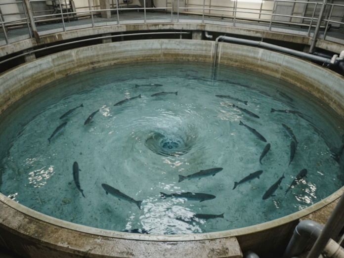 Visão superior de um grande tanque de cultivo em navio de aquicultura com fluxo de água circulante e salmões-do-atlântico.