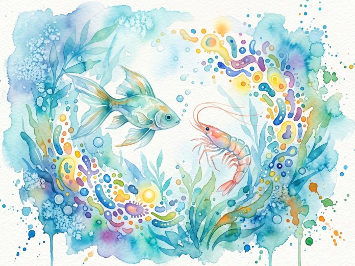 Ilustração representando a relação equilibrada entre organismos aquáticos como peixes e camarões e a microbiota microbiana no cultivo.