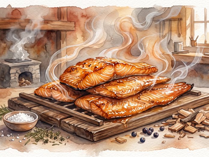 Ilustração em aquarela de filés de peixe defumado com tom dourado, fumaça artesanal, temperos e lascas de madeira sobre tábua rústica.