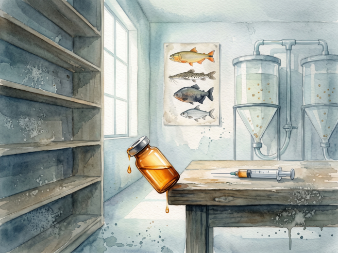 Ilustração em aquarela de frasco de indutor hormonal caindo da bancada em laboratório de reprodução de peixes migradores