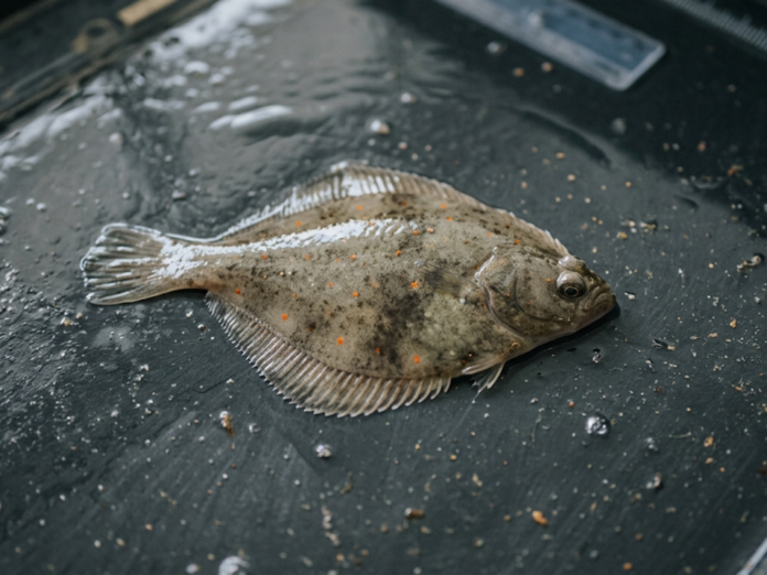 Juvenil de linguado europeu em tanque experimental de aquicultura na Noruega.