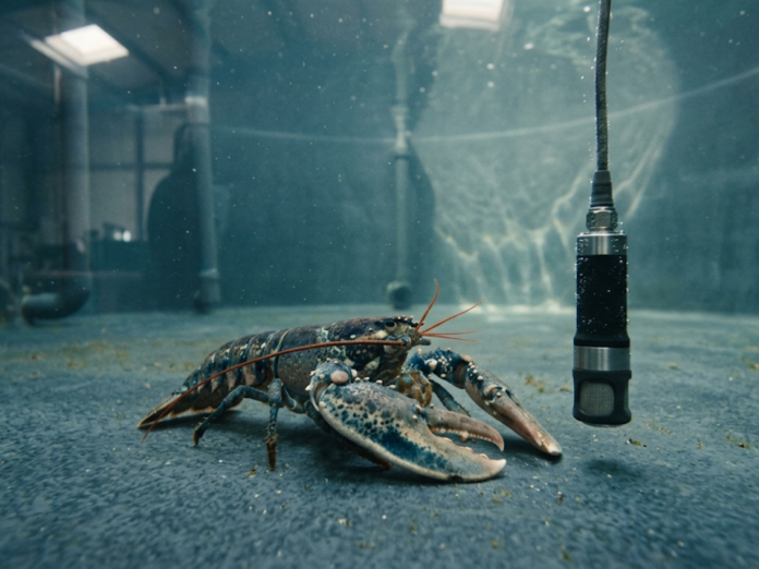 Lagosta-europeia (Homarus gammarus) centralizada em tanque subaquático próximo a um sensor de hidrofone para monitoramento bioacústico.