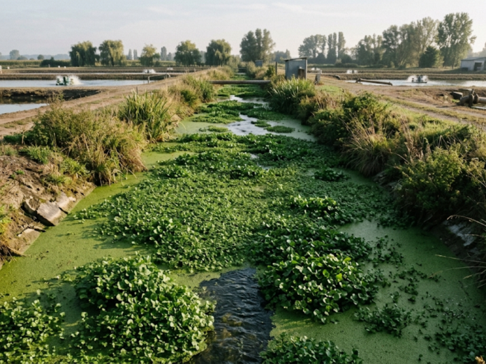 Canal de efluentes de piscicultura de carpa purificado com cultivo de macrófitas aquáticas como lentilha-d'água e agrião.