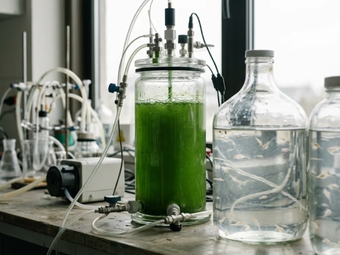 Fotobiorreator transparente com cultivo de microalgas Chlorella vulgaris integrado a cilindros de produção de artêmias em laboratório.