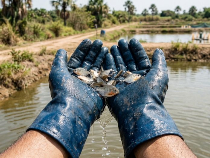 Alevinos de tambatinga mantidos em água limpa sobre viveiro escavado em fazenda de piscicultura no Tocantins.