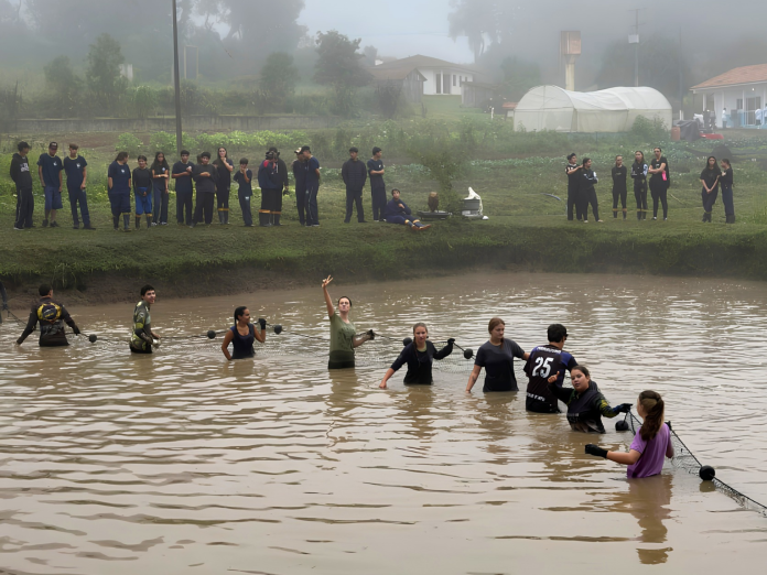 Estudantes passam rede de arrasto em viveiro escavado do CEEPA São Mateus do Sul em manhã de neblina